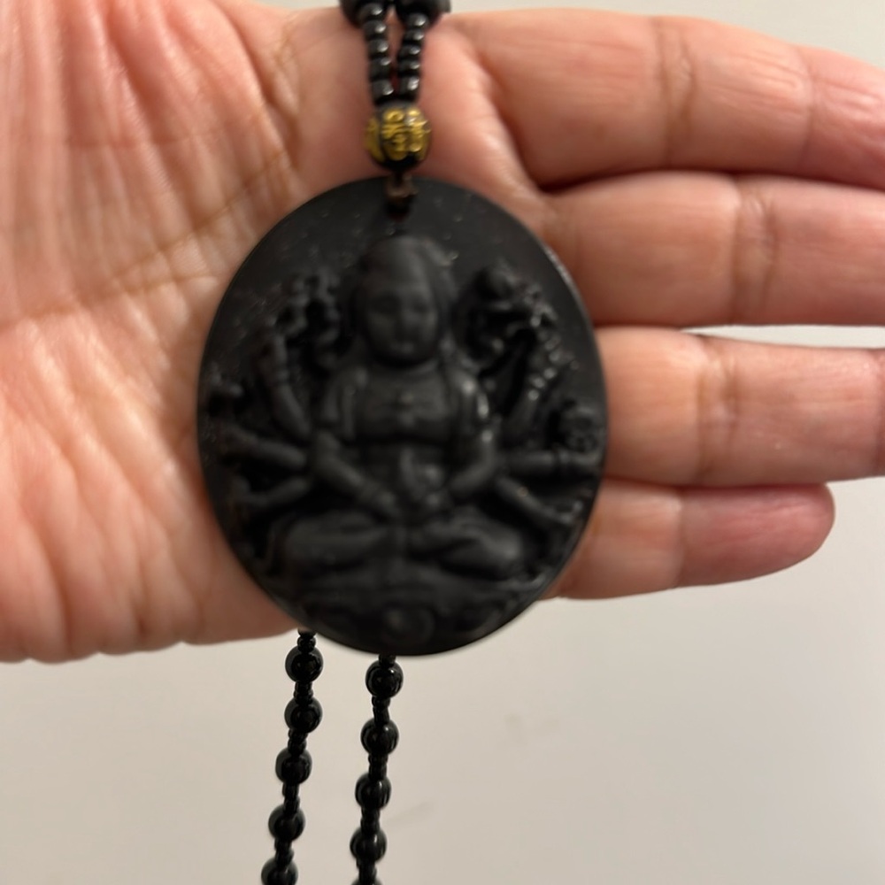 Hand Carved Black Obsidian Natural Stone Avalokitesvara Thousand-Armed Necklace